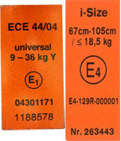 Normes siège auto universel E1, E4 - Certificats de règlementation et d’homologation aux normes européennes ECE R44/04 et ECE R129, i-Size
